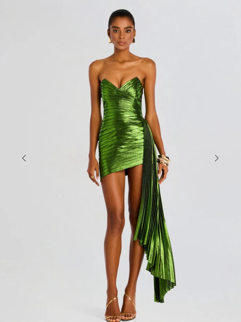 Retrofete Metallic Emerald Green Strapless Mini Dress with Draped Fringe